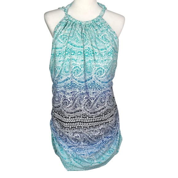 LANE BRYANT CACIQUE Womens 24 Blue Green Ombre Paisley Halter Swimsuit Dress Top - Picture 1 of 6